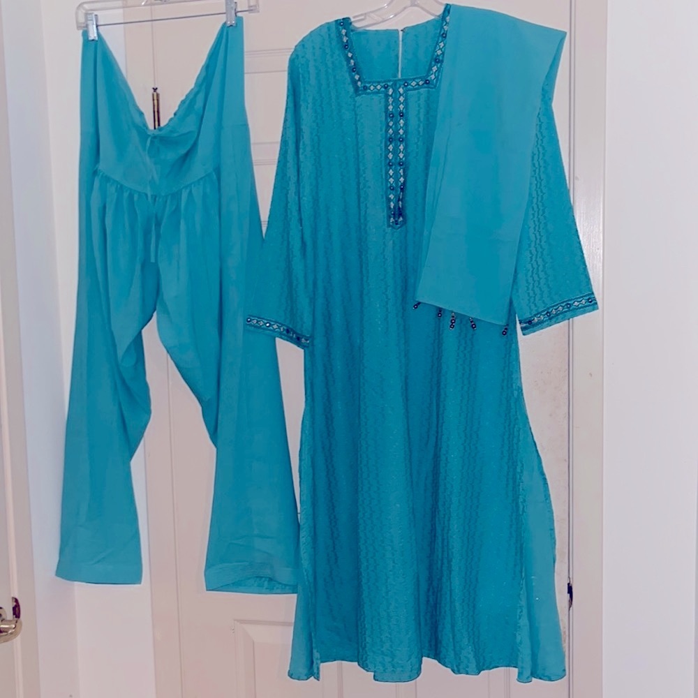 Bollywood New Turquoise Bollywood Embroidered Tunic/Drawstring Harem Pants/Scarf